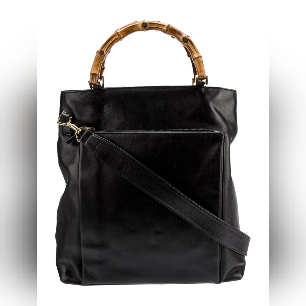 Gucci Diana Black Leather Tote Large Front Pocket Authentic Vintage